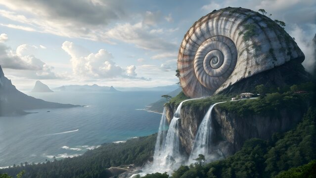 Giant fossilized ammonite shell perched on high ocean cliff edge with cascading waterfalls prehistoric shell giant fossil