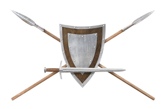 sword shield and two lances isolated on white