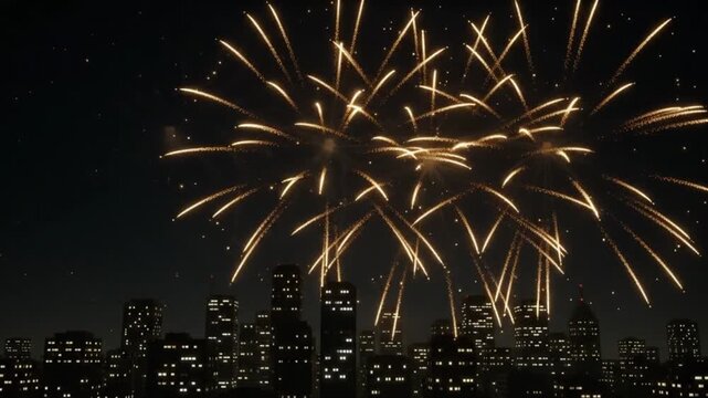 Golden fireworks explode over a dark city skyline at night celebrating urban festivity and urban illumination