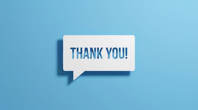 A white speech bubble with the text thank you isolated on a solid blue background
