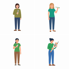 Fototapeta premium Vector set of women holding thermometers for fever and health screening.