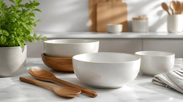 Close up of empty white ceramic bowls on clean kitchen counter for dining and food preparation concepts presentation