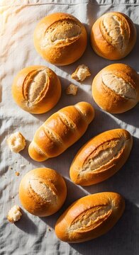 Freshly baked crusty bread rolls arranged on a rustic linen cloth with warm morning sunlight
