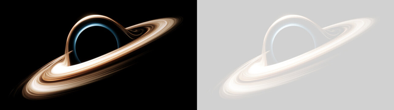 Black hole with glowing accretion disk in deep space. Scientific visualization of event horizon and gravitational light distortion. Isolated cosmic element on black and transparent background