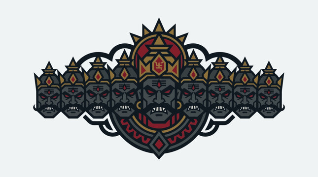 An iconic flat design illustration of Ravana's ten heads, presented as a stylized emblem symbolizing evil and ego, ultimately defeated on Dussehra. 