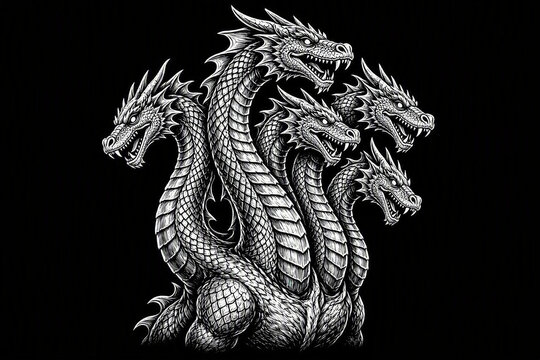 High contrast white engraved line art of a mythological multi-headed Hydra.