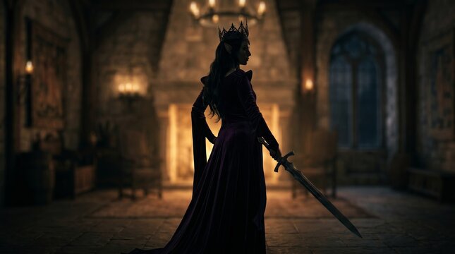 Dark elven queen holding a sword in a shadowy medieval castle hall illuminated by warm firelight at night