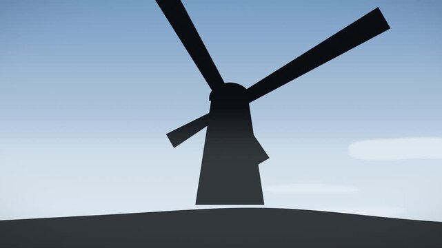 Silhouette of a windmill against a blue sky. 2d animation