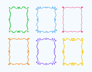 Fototapeta premium Set of hand-drawn frame, decorations in trendy doodle style. Scribble drawing, colorful decorative border collection with cute heart. Whimsical romantic designs with isolated. Flat vector illustration