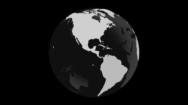 White planet earth loop animation isolated on a black background. Rotating stylized world globe. Big data technology, business, communication, or digital concept