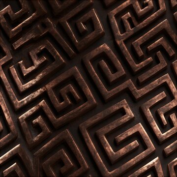 Seamless pattern with 3D carved bronze metallic Greek meander texture