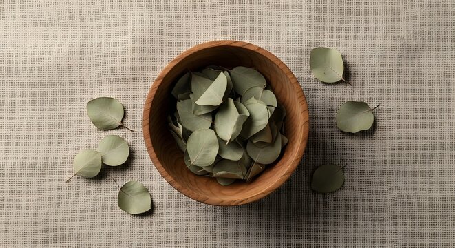 Small wooden bowl filled with dried eucalyptus leaves on a textured beige linen background