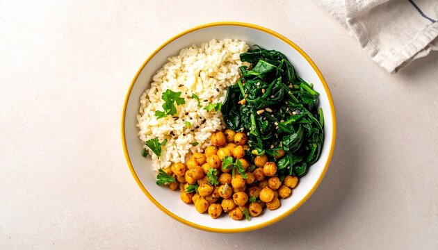 Rice spinach chickpeas herbs balanced meal