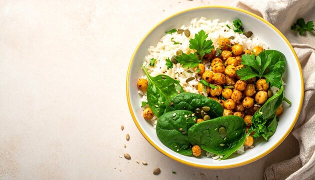 Rice chickpeas spinach parsley seeds vegetarian bowl