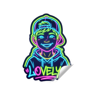 Boy wearing a backward baseball cap features glowing neon outlines and the word lovely displayed beneath him.