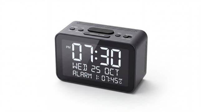 Modern digital alarm clock with LED display, black electronic bedside clock showing time and date, sleek tabletop timepiece