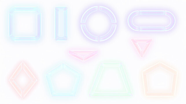 Set of iridescent glass geometric shapes with glowing edges. Translucent pastel icons on transparent background. Modern UI design elements