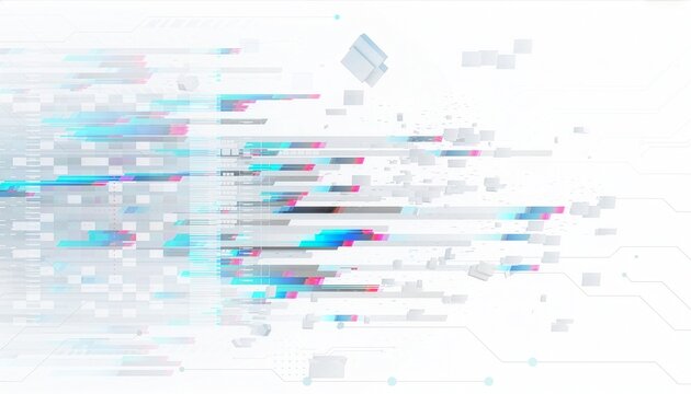 右方向へ流れるデジタルノイズが広がる近未来的な白い背景　Futuristic White Background Spreading Digital Noises Flowing Rightward