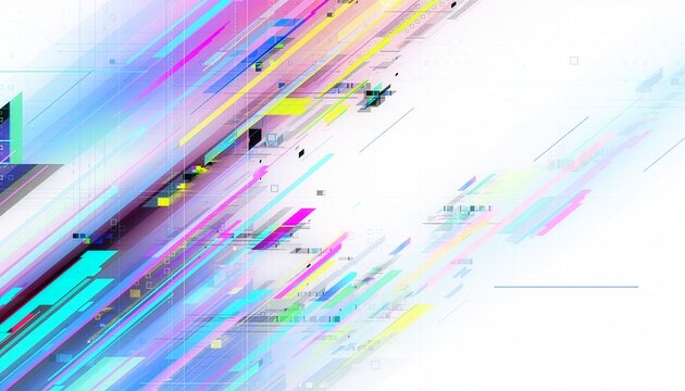 色鮮やかなデジタルノイズが斜めに走る近未来的な白背景　Futuristic White Background with Colorful Digital Noises Running Diagonally