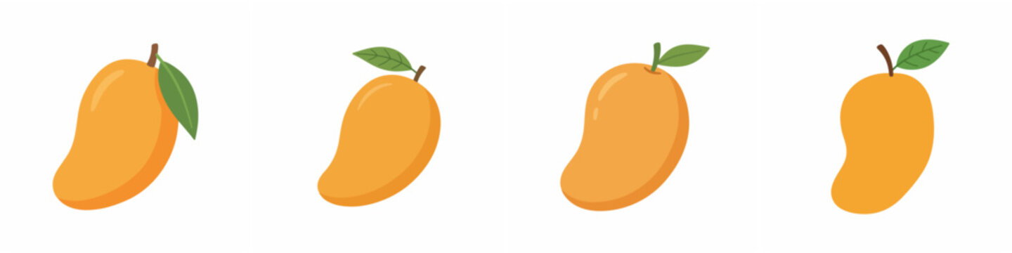 Flat vector set of ripe mango illustrations with green leaves.