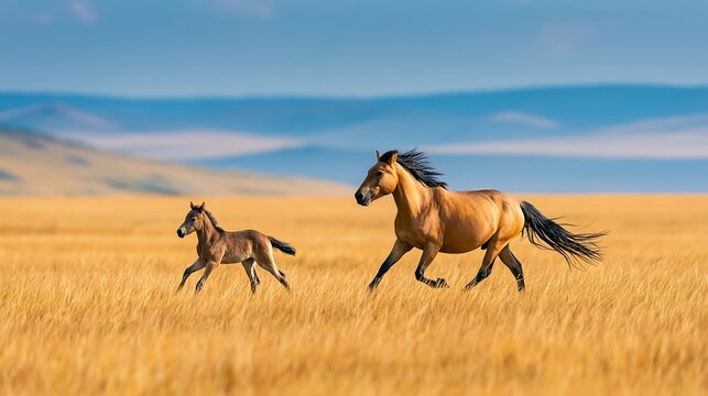 Majestic buckskin mare and her young foal running together across a vast golden grass prairie under a blue mountain backdrop
