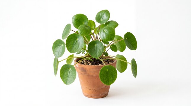 Pilea peperomioides houseplant in terracotta pot, Chinese money plant with round green leaves, minimalist indoor plant on white background
