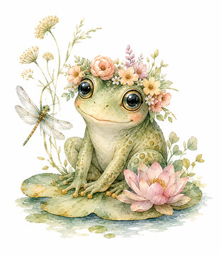 Watercolor illustration of a cute baby frog wearing a flower crown, isolated on a pure white background, sage, blush, pale yellow.
