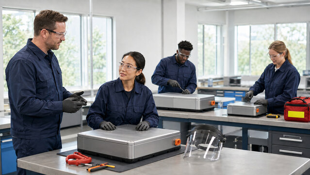 Adult learners practice battery safety in technical classroom