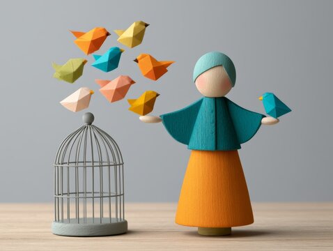 Teal Wooden Figure Releasing Colorful Birds from a Cage for Consumer Confidence Concept Illustration