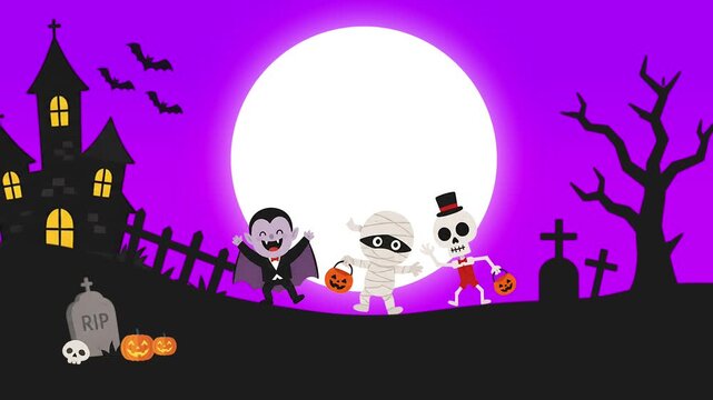 Happy Halloween Cartoon Animation with Vampire, Mummy, Skeleton and Haunted House on Purple Background, Spooky Holiday Motion Graphic