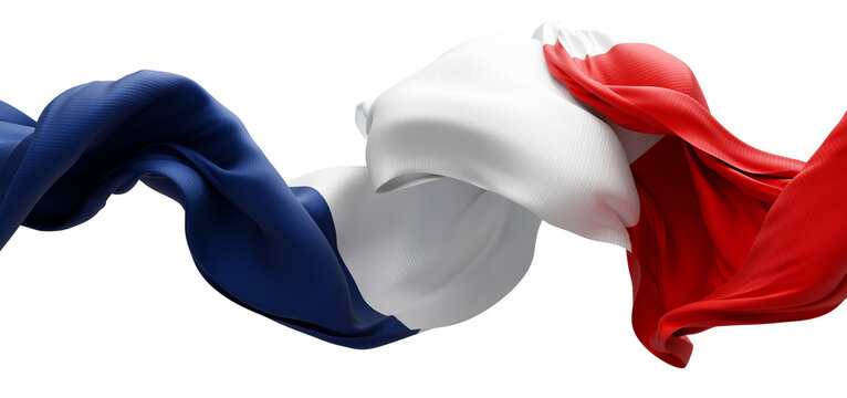 France flag ribbon fabric flowing isolated on transparent background design for 14 july Bastille day banner 3D render