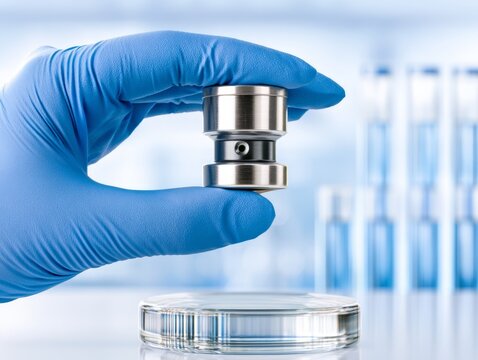 Gloved Hand Holding Precision Sensor Component in Laboratory Setting for Infrastructure Maintenance Planning