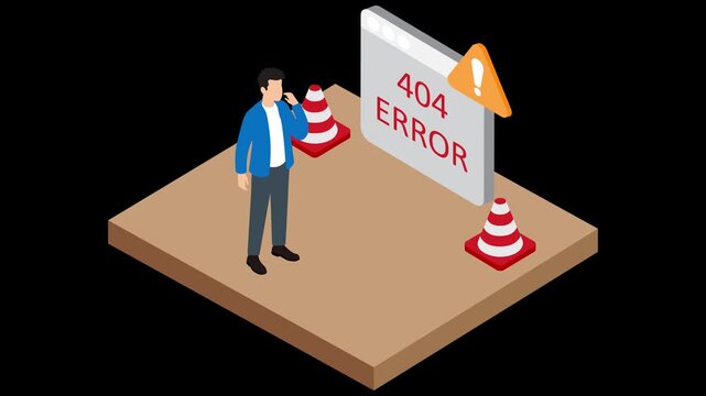 Isometric businessman standing in front of website 404 error page warning animation