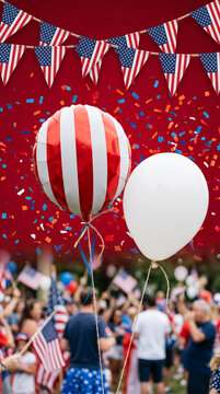 Patriotic display with American flag bunting, balloons, and confetti on a red background, symbolizing national pride and celebration