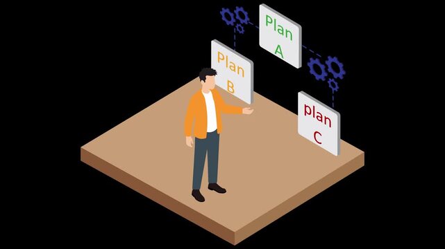 Isometric businessman choosing between strategic business plans options in office animation