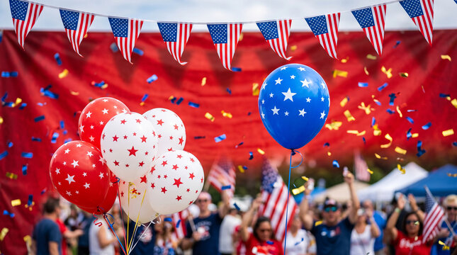 Festive scene with American flags, balloons, and confetti, symbolizing celebration and national pride, ideal for events and holidays
