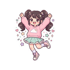Fototapeta premium Girl cartoon character wearing a pink sweater is leaping happily surrounded by floating stars and confetti.