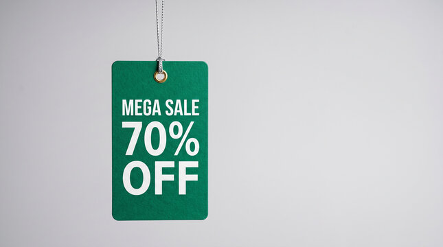 Green sale tag displaying "MEGA SALE 70% OFF", symbolizing significant discounts and promotional offers, suitable for retail and marketing.