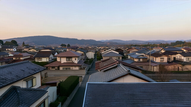 夕焼け空と郊外の住宅地の俯瞰 屋根が連なる街並み コピースペース