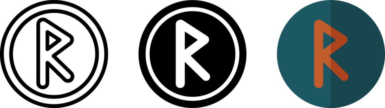 Set of three rune symbols raido representing travel and movement, stylized ancient norse alphabet characters in different graphic design styles