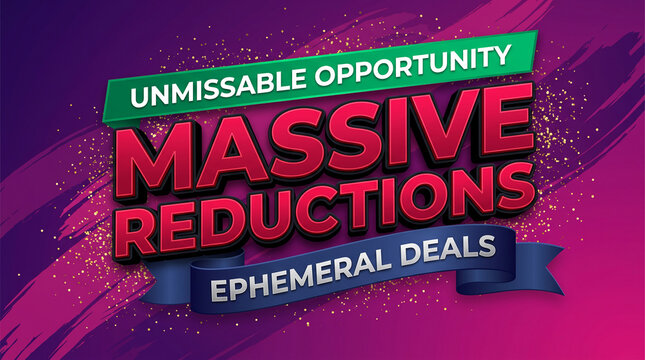 Bold text announces massive reductions, representing an exciting sale opportunity with ephemeral deals and sparkling confetti