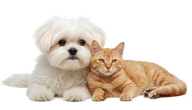 Fluffy White Maltese Dog and Orange Tabby Cat Resting Together, Adorable Pet Companions Isolated on Transparent Background