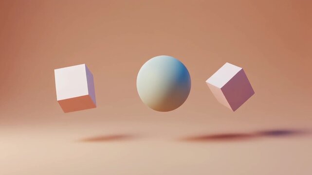 Minimalist 3D geometric shapes featuring floating white cubes rotating around a central sphere on a smooth pastel background for modern design presentation.