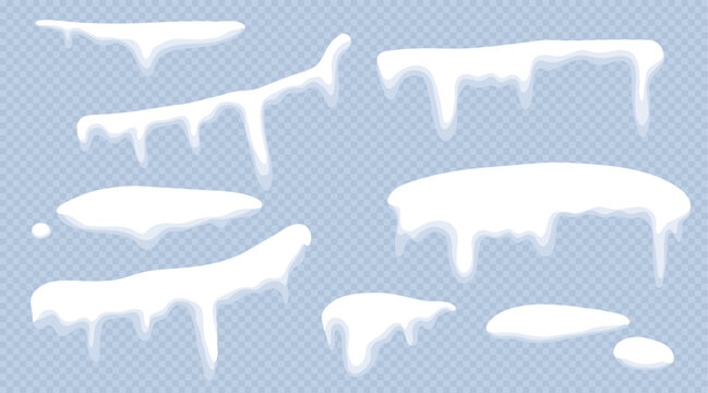 Snow Cap Isolated, White Ice With Blue Shadows, Vector Set For Winter Flat Background And Christmas Design, Cartoon Illustration For Frame Template, Graphic Sign And Xmas Decoration With Icicles.