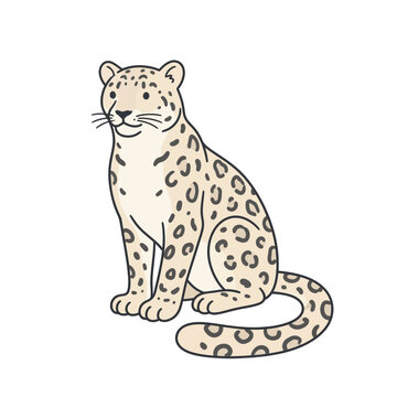 Cute cartoon illustration of a sitting snow leopard with spots, drawn in a simple outline style.