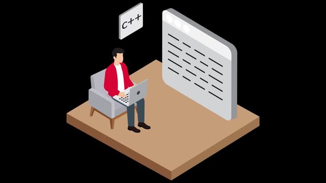 Isometric software programmer coding C++ computer language on laptop in office animation