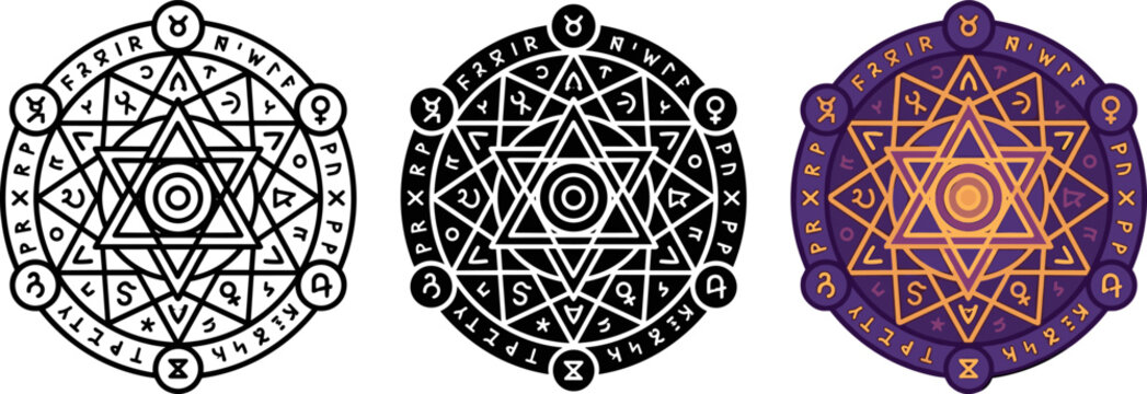 Set of occult magic circles with esoteric symbols and runic characters, mystical geometry, alchemy, and sacred geometry vector illustration