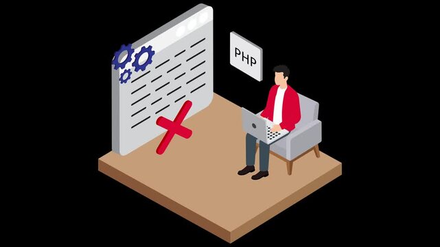 Isometric PHP software developer debugging website code error on laptop screen animation