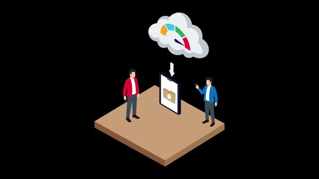Isometric businessmen discussing cloud data transfer speed on mobile smartphone screen animation