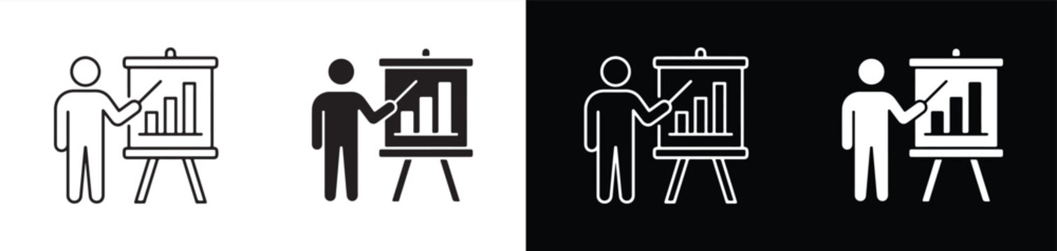 Professional presenting business charts on flip chart with different icon styles for presentations and reports